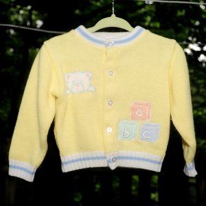 Vintage 80's Baby Girls Yellow Cardigan Sweater Alphabet Block Applique 6-9M
